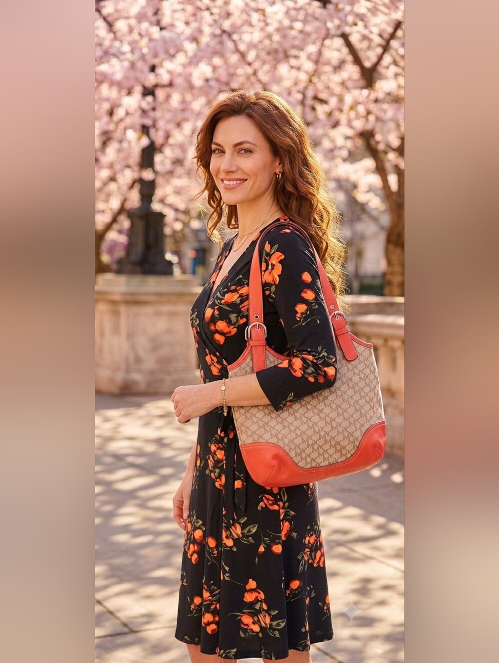 New York & Company Beige Monogram Canvas Tote with Coral Trim